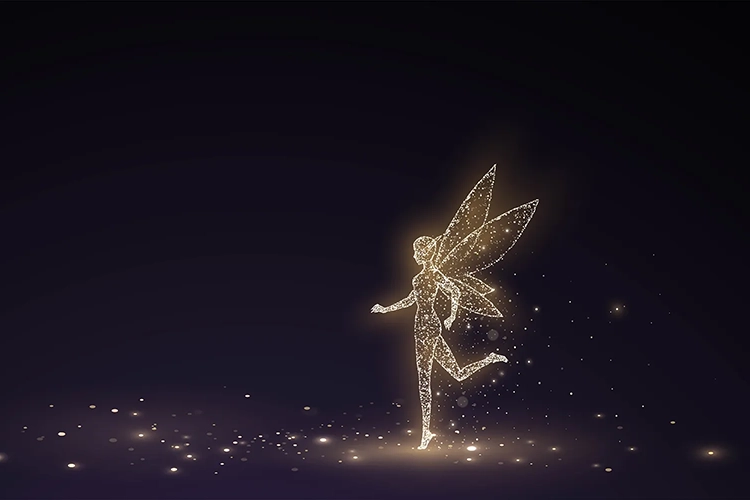 A fairy dances in the dark.